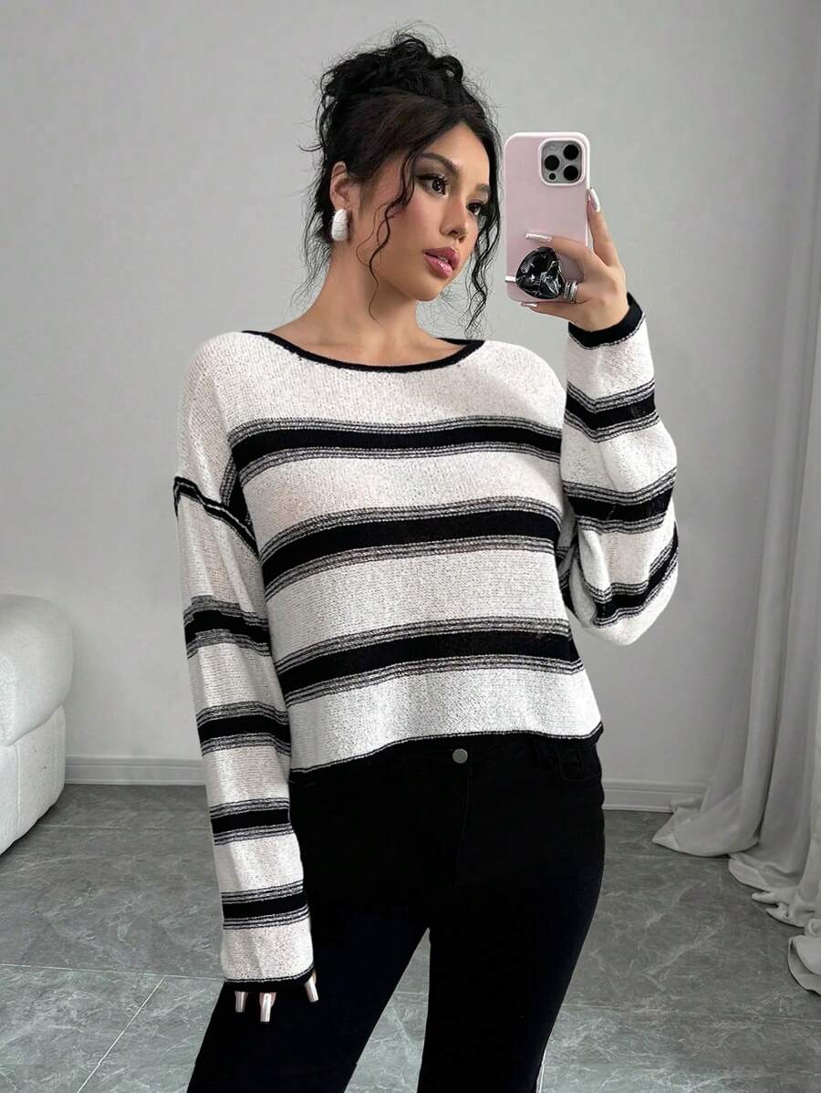 SHEIN Unity Women's Casual Drop Shoulder Long Sleeve Striped Colorblock Pullover Sweater, Autumn/Winter Knit Pullover Fall Sweater - Apricot - View 1