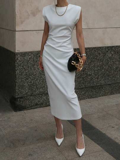 DAZY Women Round Neck, Wide Strap, Waist Cinched, Back Slit Dress Y2k Sundress Work Women Clothes