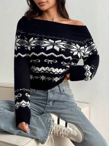 Flirla Black Jacquard Off-Shoulder Loose Knit Sweater, Versatile For Casual Wear & Commute In Autumn/Winter Knit Pullover Fall Sweater - Multicolor - View 6