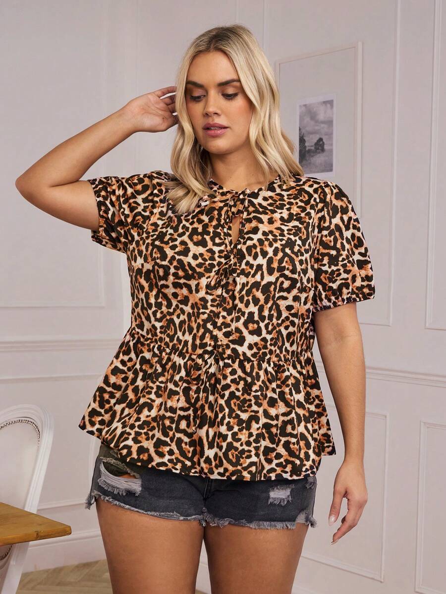 SHEIN LUNE Plus Size Front Tie Short Sleeve Leopard Print Simple Casual Shirt Mardi Gras/Rave Outfits