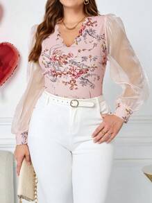 SHEIN Clasi Große Größen Mesh Patchwork Blumen Spitze V-Ausschnitt Lässig Bluse Valentinstag - Verschiedenfarbig - Übersicht 3