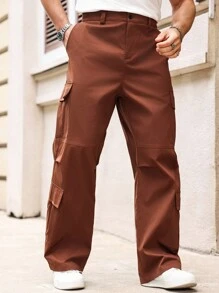 Manfinity Homme 男士加大码棕色工装裤：宽腿休闲款，多口袋，秋季 - 酒紅色 - 查看 1