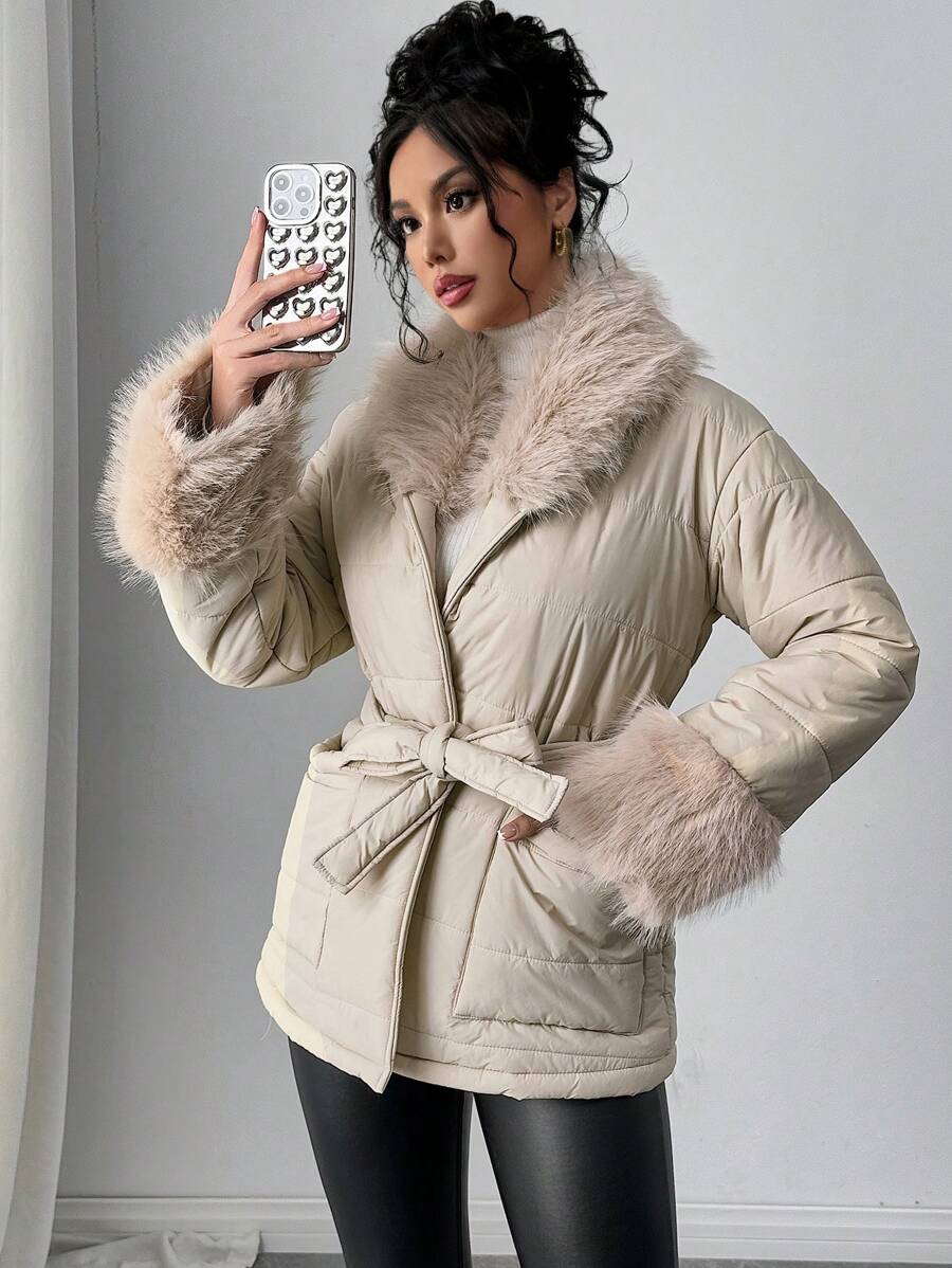 Firerie Women Zip-Up Front Long Sleeve Pockets Faux Fur Patchwork Casual Winter Jacket
