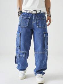 Chillumni Men's Simple Loose Multi-Pocket Casual Jeans, For Daily Wear - Medium Wash - View 1