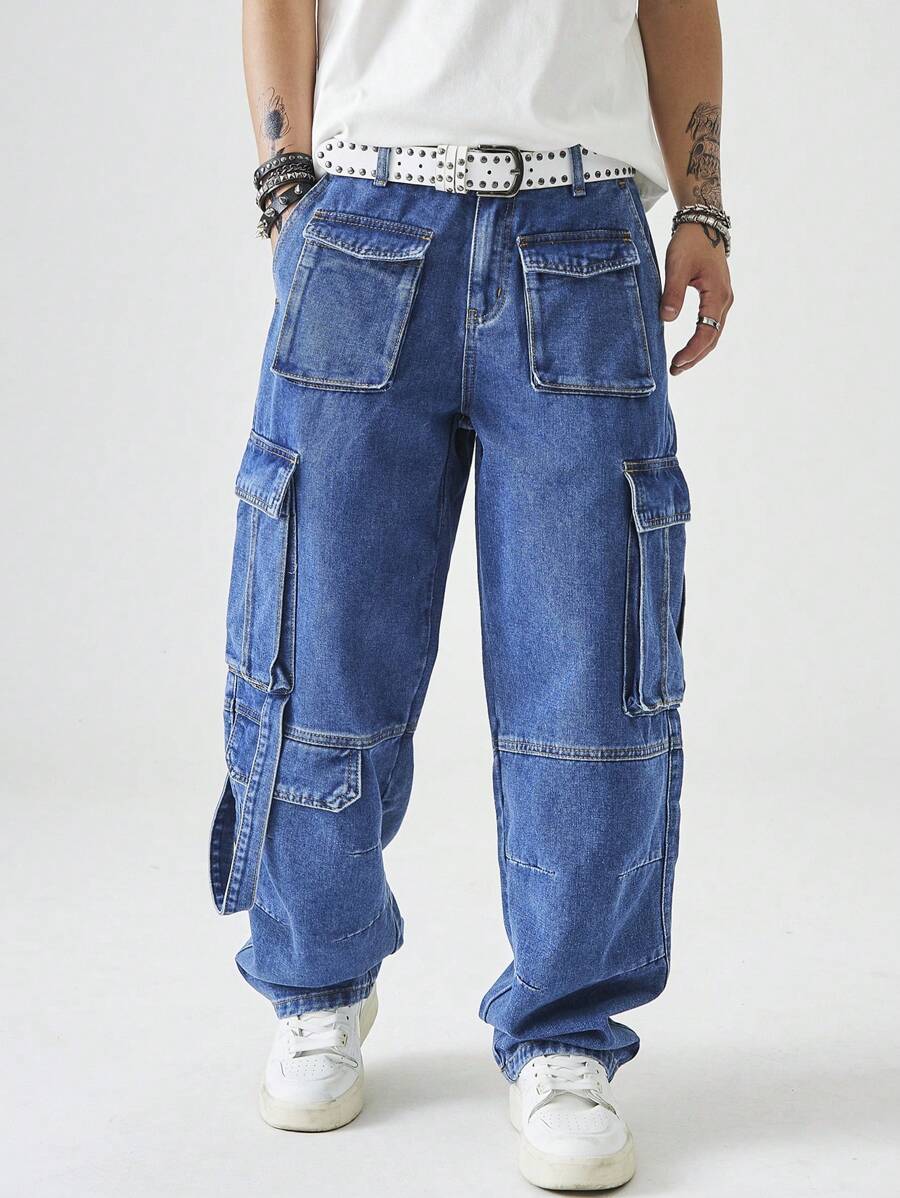 Chillumni Men's Simple Loose Multi-Pocket Casual Jeans, For Daily Wear - Medium Wash - View 1