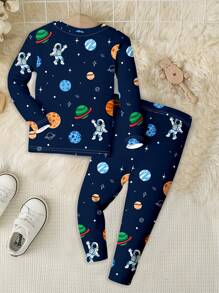 SHEIN Snug Fit Baby Boy Casual Comfortable Cartoon Planet, Astronaut Graphic Print Long Sleeve Round Neck Pants Home Clothing Set, Suitable For Autumn/Winter