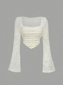 SHEIN MOD 奶油色喇叭袖方领喇叭袖不对称下摆 T 恤，长袖上衣，女式基本款上衣，节日派对女装，外出上衣，夏季女装