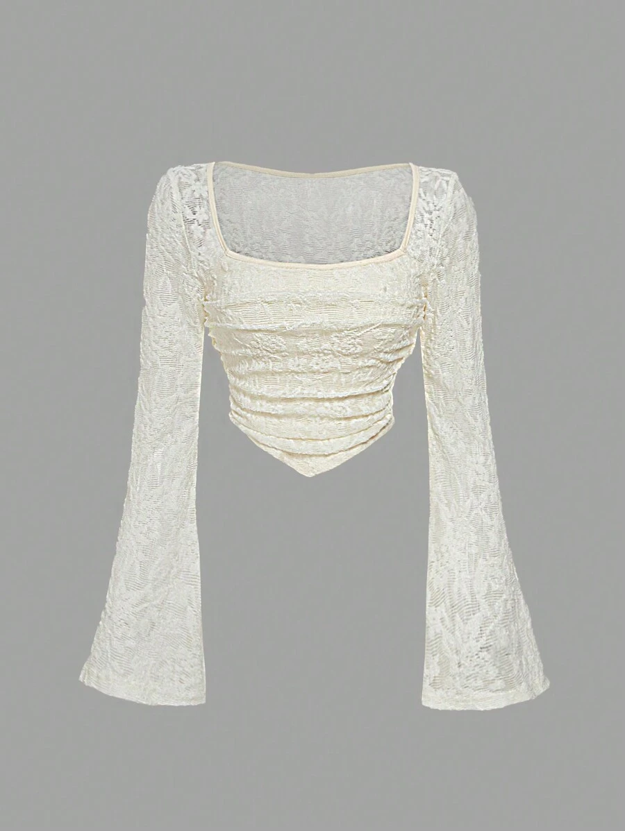 SHEIN MOD 奶油色喇叭袖方领喇叭袖不对称下摆 T 恤，长袖上衣，女式基本款上衣，节日派对女装，外出上衣，夏季女装