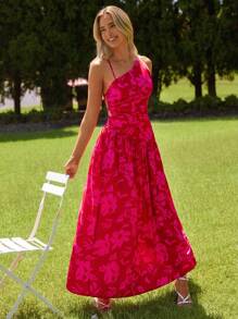 KARISMINA Vestido con estampado floral de un hombro de cintura con abertura bajo con fruncido - Rojo - Ver 4