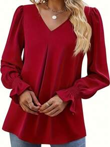 Blusa de manga larga y cuello en V de talla grande en unicolor, para uso diario casual, top rojo para mujer