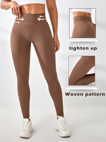 Gameset SHEIN Sport 高腰无缝纯色瑜伽运动紧身裤 - 杏色 - 查看 4