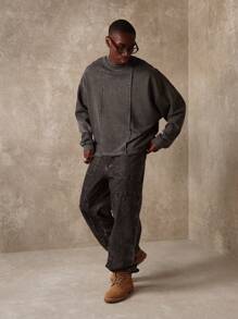 SUMWON Oversized Sweatshirt Vintage Washed Cotton Blend Exposed Seams Design Casual Streetwear Athletic Winter Pullover Grunge Style Workout Gym - Dark Grey - View 6