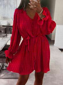 SHEIN VCAY Valentine's Day Out Date Holiday V-Neck Hem A-Line Casual Holiday Elegant Ladies Long Sleeve Dress, Back-To-School Fall/Winter Dress, Back-To-School Everyday Dress, Commute, Minimalist, Office, Old Money, Simple, Teacher Dress, Christmas Dress, Christmas Party Atmosphere Red Dress, Valentine's Day Red Dress, New Year Party Dress, Red Romantic Dress, This Is A Very Elegant And Stylish Dress For Women