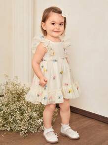 SHEIN 夏季寶寶女孩可愛紗質花紋荷葉邊無袖連衣裙