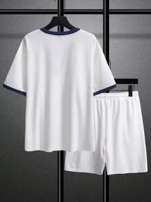 Manfinity Homme Plus Size Men 2pcs Set: Color Block V-Neck Short Sleeve T-Shirt And Drawstring Waist Shorts - White - View 2