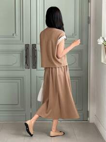 DAZY 2pcs Set Women Color Block Casual Pullover Top And Long Skirt Lounge Sets For Women - Green - View 6
