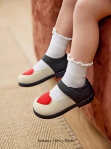 Cozy Pixies 1pair Fashionable Versatile Heart Princess Style Contrast Color Cute Toddler Girls Soft Bottom Flat Shoes, Baby