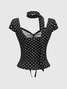 ROMWE Y2K Polka Dot Bowknot Design Women T-Shirt - Black - View 2