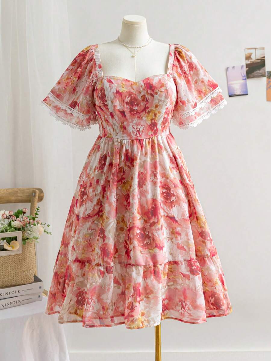 Dreamara Gaun Midi A-Line Patchwork Lengan Berkerut Dua Lapis Motif Bunga Chiffon Merah Ukuran Plus untuk Liburan Musim Semi Wanita - MultiWarna - View 1