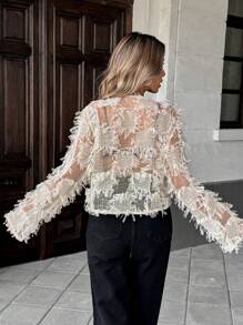 SHEIN Essnce Áo cánh chiffon rộng rãi buộc nơ tua rua cho nữ - Màu be - Xem 2