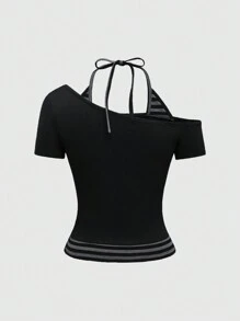 ROMWE Grunge Punk 辣妹夏季海滩西部演唱会女装 Kpop 锐舞节街头服饰性感 Y2K 二合一不对称肩条纹撞色藤蔓印花黑桃吊带蝴蝶结 T 恤 - 黑色 - 查看 2