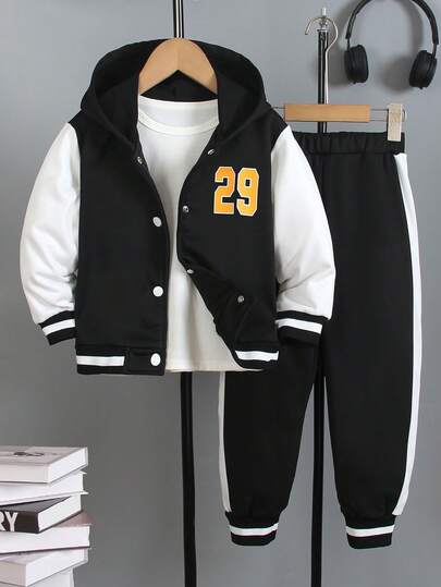 男童春秋两件套服装，拼色连帽衫和运动裤套装，男婴棒球夹克和裤子套装，儿童服装春秋