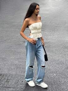 SHEIN EZwear Strapless Back Tie Bowknot And Ruffle Hem Simple Top For Summer Casual Holiday - Apricot - View 4