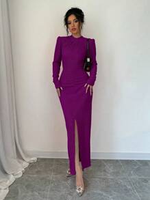 Elenzga Stylish Purple Tight Long Dress With High Slit For Women - Purple - View 3