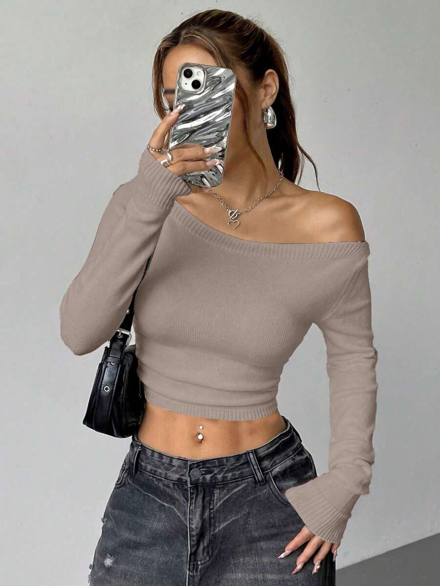 SHEIN Unity Women's Solid Color Long Sleeve Casual Versatile Sweater, Daily Wear Knit Pullover Fall Winter - Khaki - View 1