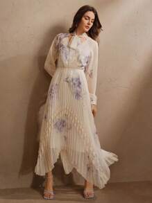 Anewsta Women Bowknot Decor Floral Print Asymmetric Hem Long Sleeve Modest Dress, Spring Outfit - Apricot - View 7