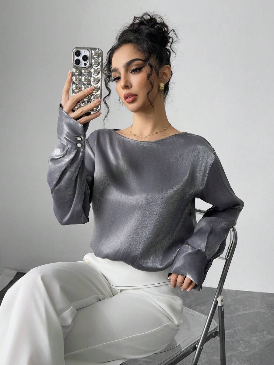 Modelyn ملابس علوية طويل الأكمام بياقة مستديرة بلون واحد بطراز عربي كاجوال للنساء - رمادي - مشاهدة 1
