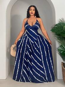 Slaydiva Plus Summer Vacation Tie-Waist Ruched Maxi Blue Dress - Navy Blue - View 1