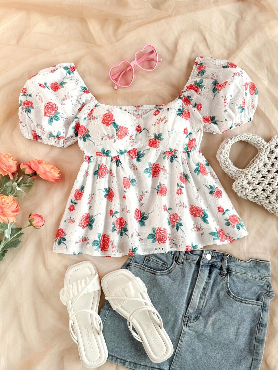 Soleia Western Wear Women, Corset Top For Women, Summer For Women, Summer Top, Vacation Women, Going Out Top Women, Concert Women, Rave Festival, Women's Romantic Floral Embroidered & Printed Puff Sleeve Ruffle Splicing Blouse With Tie Up Waist, Suitable For Vacation