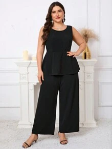 SHEIN Clasi 弧形大码女式无袖收腰连体裤金色闪光刺绣外套优雅两件套，大码女式春夏连衣裙，女士度假装，外出装，婚礼，狂欢节，大码女式两件套，商务休闲女士，大码女式连体裤优雅 - 黑色 - 查看 6