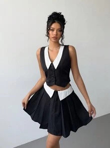 SHEIN Essnce 2 piezas Traje de mujer para primavera/verano con contraste de color en el cuello, falda plisada de cintura delgada + chaleco para uso diario