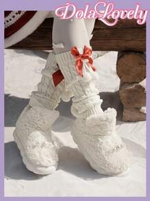 Dola Lovely 可爱仙人掌图案保暖拖鞋，蓬松包头保暖厚底女士家居拖鞋，秋冬新年假期 - 白色 - 查看 5