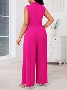 SHEIN Lady Mono sin mangas de pierna ancha azul de talla grande con cuello cruzado y decoración de perlas, conjunto de ropa para mujer para conciertos, mono de mujer para todas las estaciones