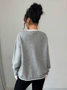 SHEIN Unity Women Lace Trim Detail Sweater, Loose Casual Long Sleeve V-Neck Contrast Color Pullover Knit Pullover Fall Winter Sweater - Grey - View 2