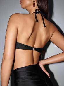 SHEIN Swim Women's Solid Color Sexy Halter Ruched Bikini Top, For Summer Beach Vacation - Black - View 2