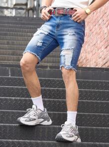 Manfinity Homme Men's Casual Ripped Distressed Hem Denim Shorts