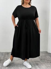 SHEIN CURVE+ Plus Size Women Summer Casual Black Belted Waist Loose Dress With Pockets, Long Sleeve