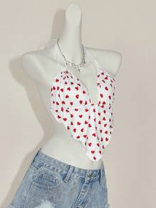 SHEIN ICON Valentine's Day Heart & Polka Dot Print Slim Fit Camisole Top With Triangular Hemline And Halter Neck Backless Design For Women - Red and White - View 9