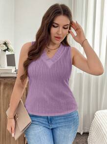 SHEIN LUNE Camiseta sin mangas de talla grande con escote en V y tela suave y cepillada, versátil - Púrpura malva - Ver 4