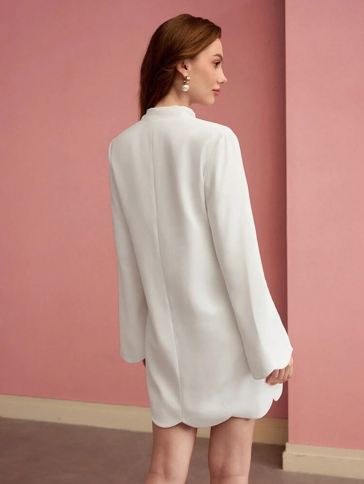 SCALLOP HEM BELL SLEEVE TIE NECK SHORT MINI DRESS,SPRING/SUMMER