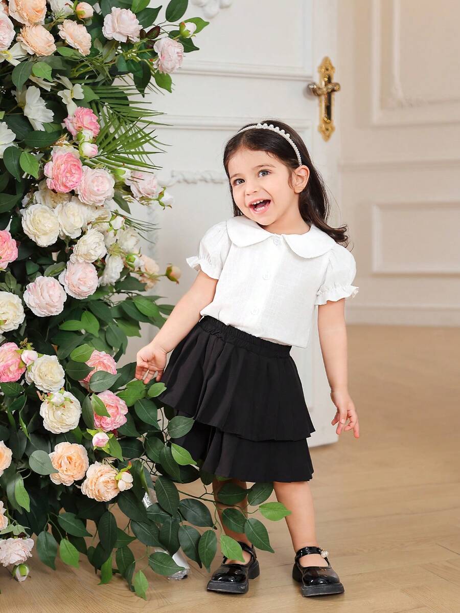 SHEIN Blusa básica diaria con cuello y mangas abullonadas para niña, combinando dulzura y elegancia - Blanco - Ver 1