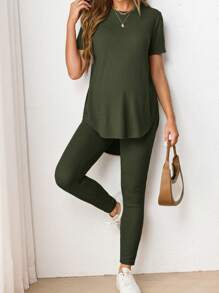 SHEIN Maternity Casual Round Neck Short Sleeve Side Slit T-Shirt & Elastic Waist Loose Pants 2 Pieces Set Casual Two Pieces Set - Army Green - View 5