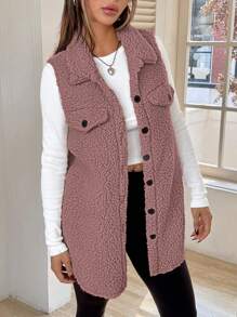 SHEIN EZwear Women's Sleeveless Minimalist Button Front Pockets Casual Jacket, Daily Wear In Fall/Winter