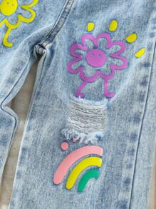 SHEIN Playful Pals 女婴翻领上衣和时尚做旧印花裤套装 - 紫色 - 查看 5