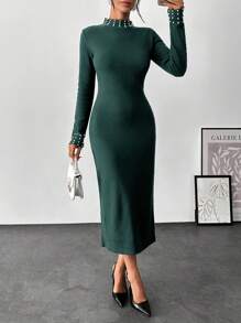 EURMUSE PEARL DETAIL LONG BLACK ELEGANT DRESS - Dark Green - View 5