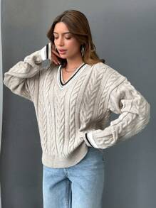 EURMUSE Women V-Neck Cable Knit Pattern Stripe Detailed Pullover - Beige - View 2